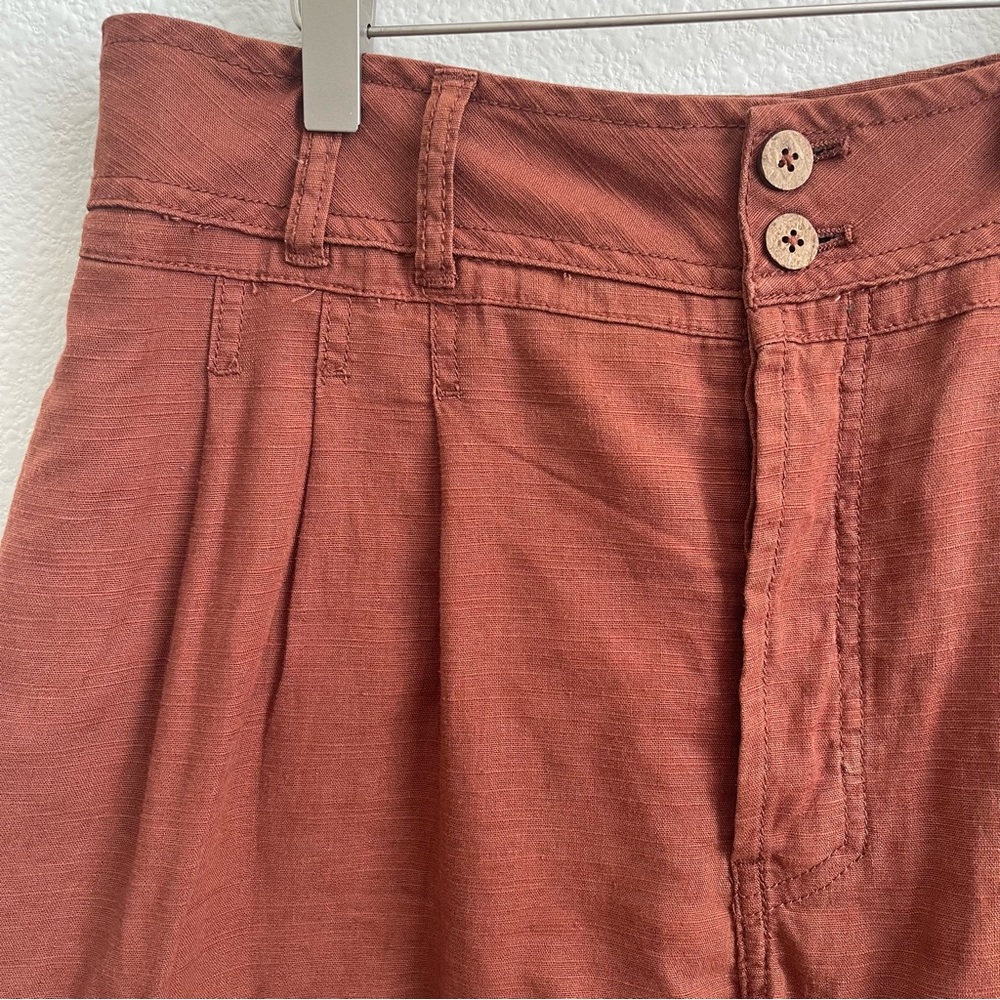!SOLD! FREE PEOPLE Brown Orange Linen Blend High Rise Button Fly Pleated Shorts - Picture 2 of 6